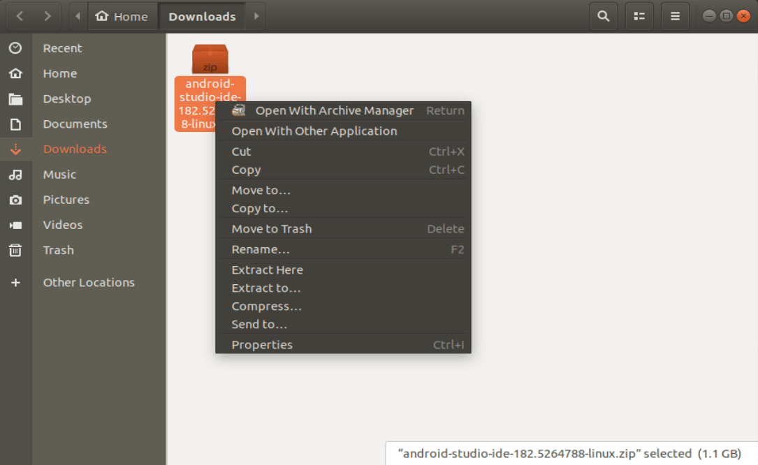 rozpakuj plik Instalacja android studio ubuntu